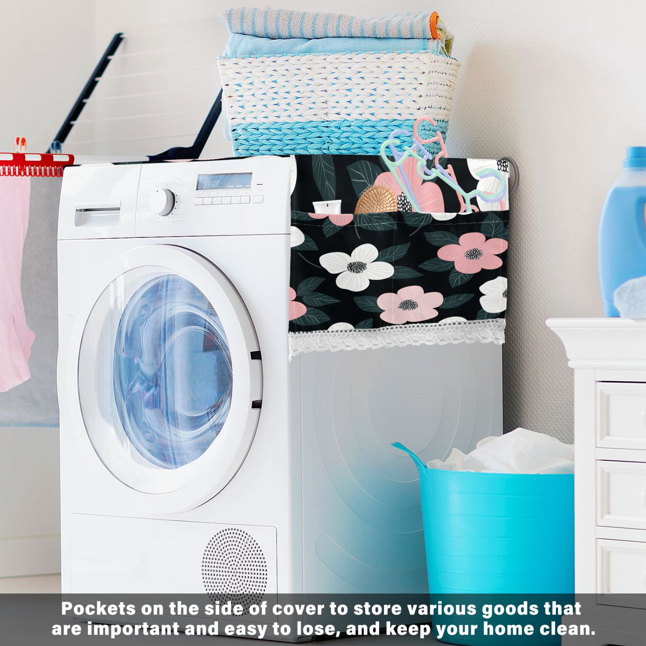 WOBOGO Illustration Of Pink and White Flowers Washing Machine Cloth Dryer Refrigerator Top Cover Protective Non-Slip Mat For Kitchen Laundry