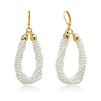 Gem Stone King 18K Gold Plated Twisted Dangling Imitaion Pearl Leverback Earrings for Women (60MM = 2.3 inch)