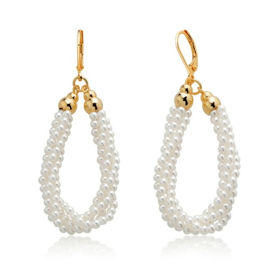 Gem Stone King 18K Gold Plated Twisted Dangling Imitaion Pearl Leverback Earrings for Women (60MM = 2.3 inch)
