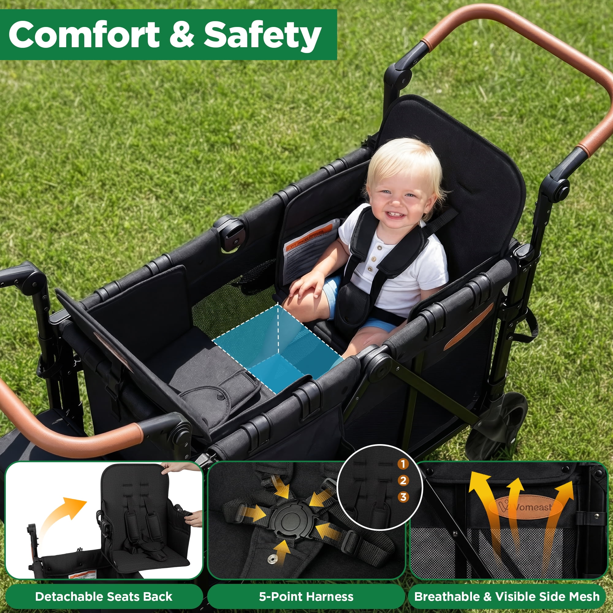 Vomeast Upgrade Wagon Stroller for 2 Kids, 2-Seater Outdoor Baby Stroller Wagon with Canopy, 5-Point Harness, Adjustable Handle(Black)