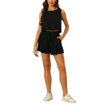 INSPIRE CHIC Casual Set for Women's Round Neck Sleeveless Top with Elastic Waist and Shorts Set Black XL