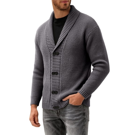 Men's Shawl Collar Knit Cardigan Button Front Long Sleeve Chunky Knit Sweater Jacket, Loose Fit Soft Warm Outerwear for Fall Winter Loungewear Gray S