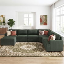 HONBAY Sectional Sleeper Sofa Bed 6-Seater Upholstered Corduroy Corner Couch with Storage Ottoman for Living Room, Green