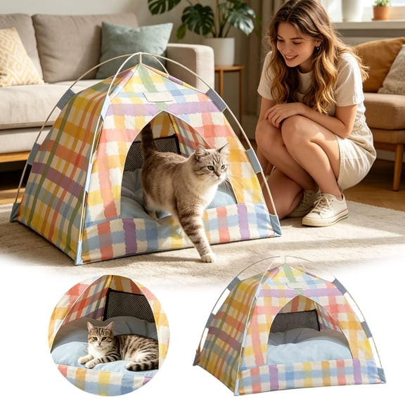 Colorful Square Breathable Cat Tent Bed For Summer, Foldable Pet House With Built-In Soft Blue Pillow