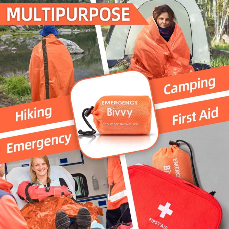 8Pcs Emergency Sleeping Bag Survival Bivy Sack, Lightweight Thermal Mylar Blanket Waterproof Windproof, Compact Outdoor Emergency Shelter Gear for Camping Hiking Backpacking Preparedness, Orange