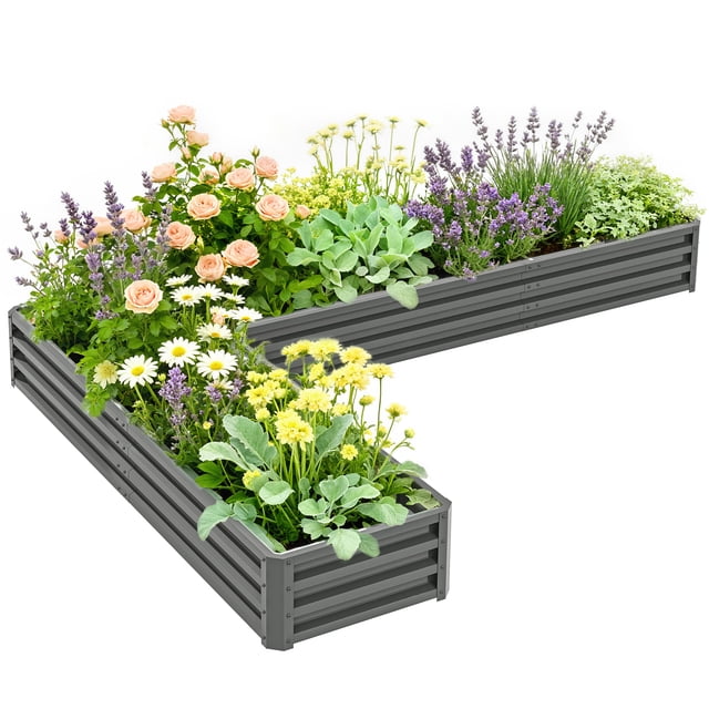 Outsunny L-Shaped Raised Garden Bed Galvanized Steel Planter Box Light Grey