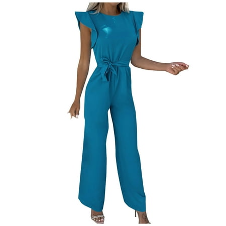 

SELONE Jumpsuits for Women Dressy Casual Short Summer Suspender Pants Ladies Travel Comfortable 2023 Vacation Fancy Jumpsuits for Women Jumpers and Rompers Casual Lotus Leaf Sleeve Solid Color Blue L