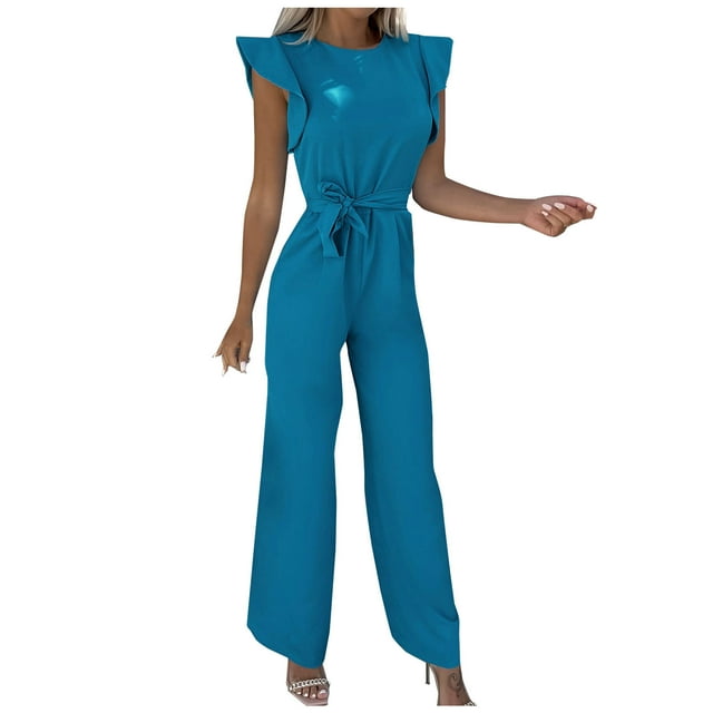 Penkiiy Combinaisons pour Femmes Mode Été Solide Décontracté à Volants Manches Courtes Bretelles Combinaison Bleue P Combinaisons