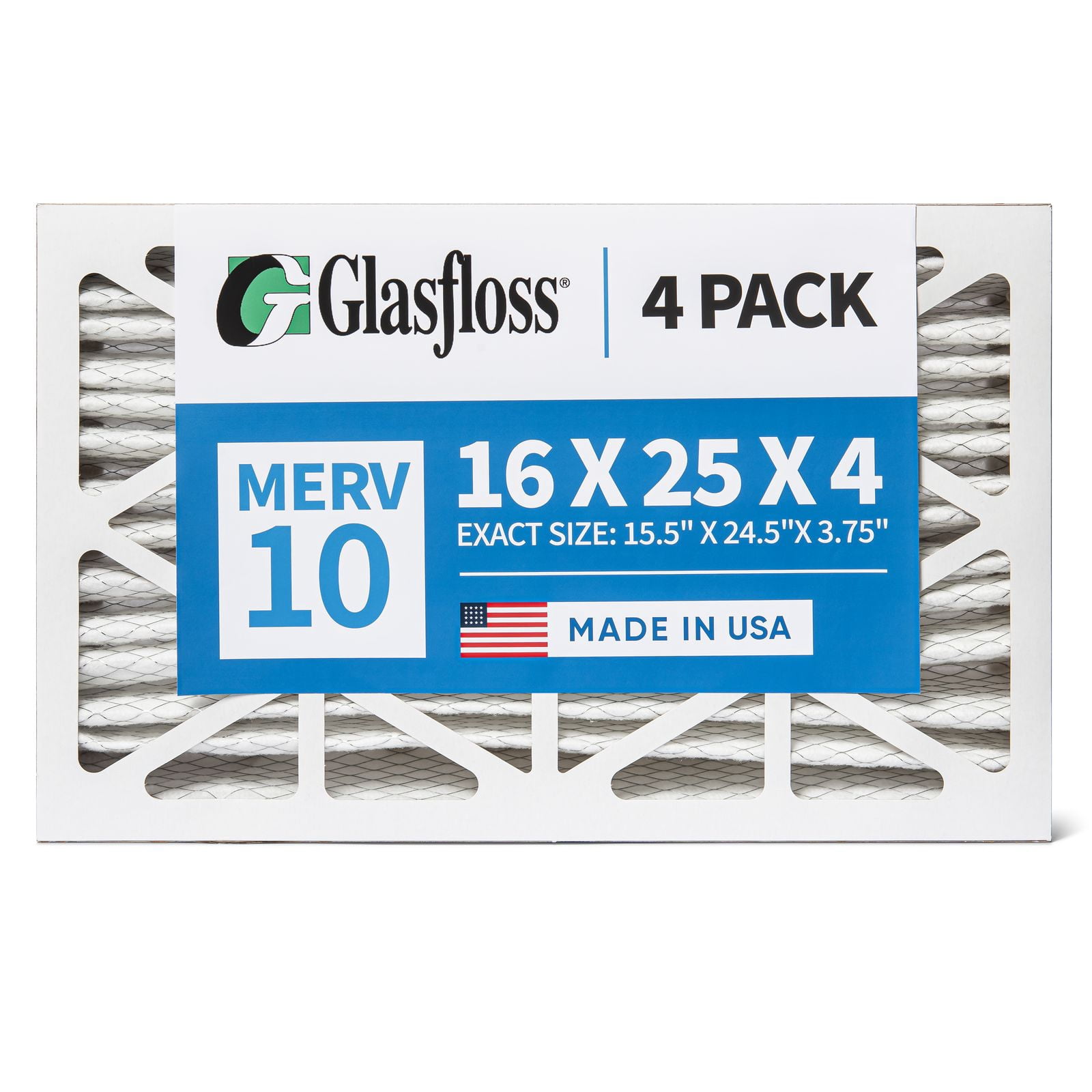 Glasfloss ZL 16x25x4 MERV 10 Pleated AC Furnace Air Filters. Box of 4. Exact Size: 15-1/2 x 24-1/2 x 3-3/4