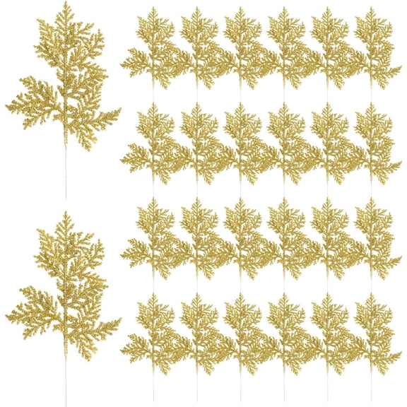 24 Pcs Christmas Tree Picks Sprays, 11'' Glitter Artificial Branches Filler Fake Fern Leaf Pine Needles Floral Twig Ornaments for Xmas Tree Holiday Wreath Home Decorations