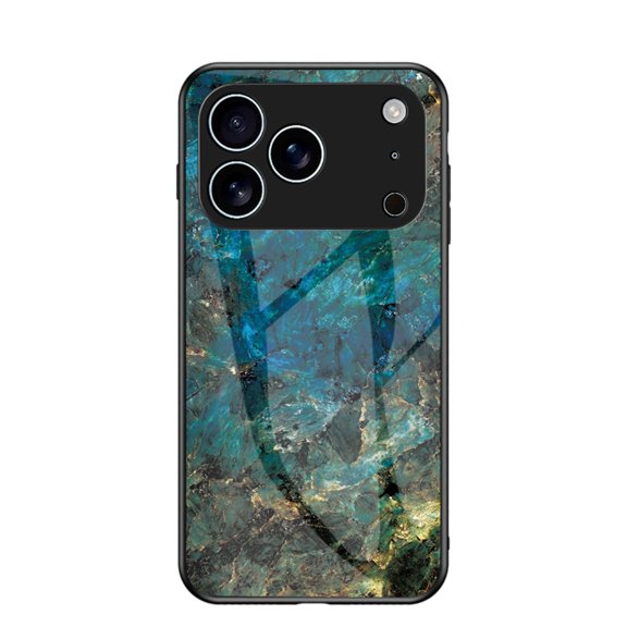 ELEHOLD For iPhone 17 Pro Max Shockproof Case,Rugged Tempered Glass Back Marble Pattern Reinforced Rubber Bumper Protective Cover With Lens Cover Protection,Green