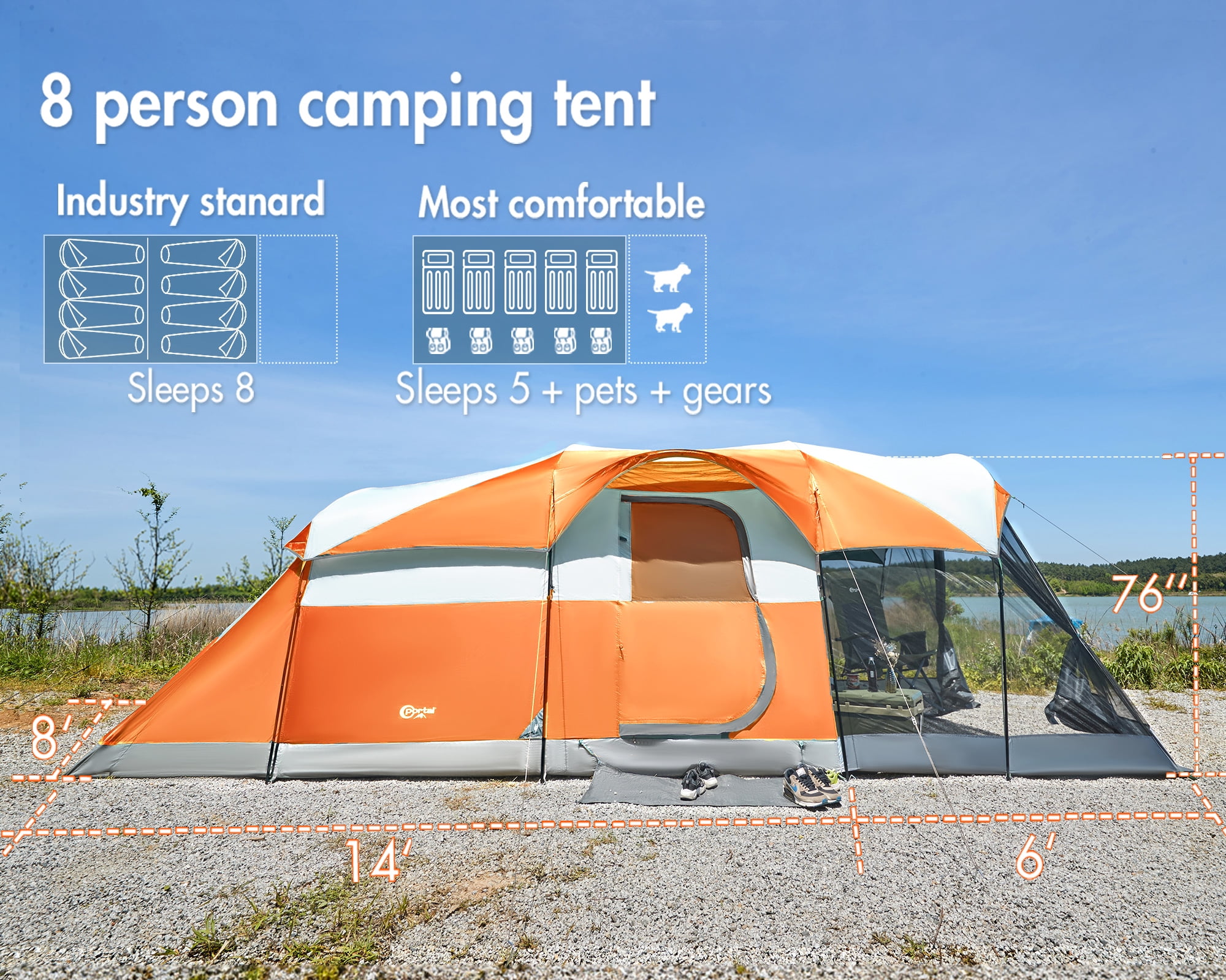 PORTAL 8 Person Family Camping Tent, Portable Cabin Tent with Rainfly and Screen Porch, 20ft * 8ft * 74in, Orange