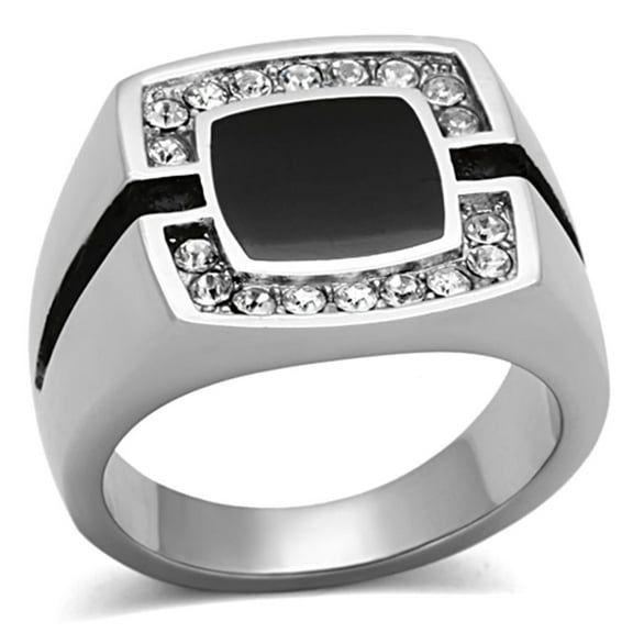 Mens Ring Silver Squared Onyx Stainless Steel Ring with Top Grade Crystal in Clear