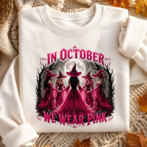 Breast Cancer Awareness Shirt, In October We Wear Pink Sweatshirt, Pink Witch Halloween Hoodie and T-Shirt, October Support Gift for Women