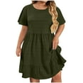 thumbnail image 2 of Tianiyouqing Evening Dresses for Women Petite Oversized Ruffle Tiered Layered Plus Size Elegant T Shirts Dresses Short Sleeve Crew Neck Flowy Midi Dresses Army Green XL, 2 of 7
