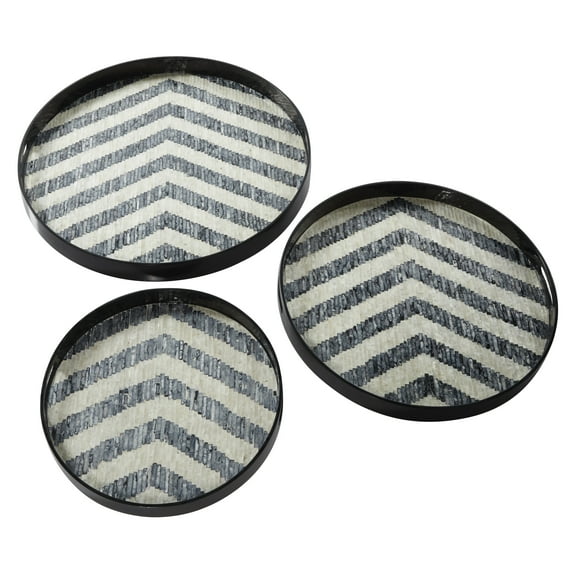 DecMode 24", 20", 16"W Black Mother of Pearl Handmade Chevron Tray with Slot Handles, 3-Pieces