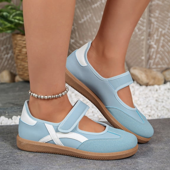 Domuza Women Retro Two-Tone Mary Jane Sneakers, Adjustable Magic Strap Cross Strip Casual Flat Shoes Non-Slip Gum Rubber Sole Daily Walking Footwear Blue 8(EU-40)