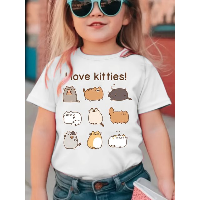 Girls' Cute Cartoon Kitten Print T-Shirt - Comfortable Round Neck, Short-Sleeved, Cotton for Spring/Summer/Fall, Cat Shirt, Casual Fashion Trend