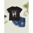 thumbnail image 2 of Bagilaanoe 4th of July Clothes for Toddler Baby Girl Short Sleeve Letter Print T-Shirts Tops + Stars Stripe Denim Shorts 6M 12M 2T 3T 4T 5T Kids Independence Day Outfits 2pcs Short Pants Set, 2 of 9