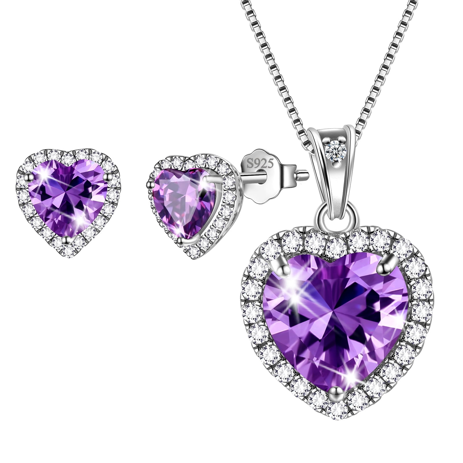 Purple Heart Women Jewelry Sets Amethyst February Birthstone Pendant Necklace Earrings Fine 925 Sterling Silver Christmas Birthday Mother's Day Gift