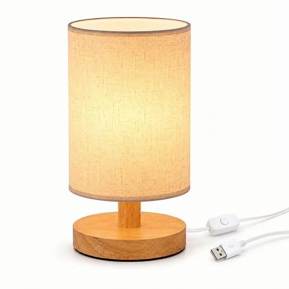 TeSabMi Table Lamp for Bedroom, Nightstand Lamp with Fabric Shade and Wood Base, USB-Powered Design and Inline On/Off Switch, Beige