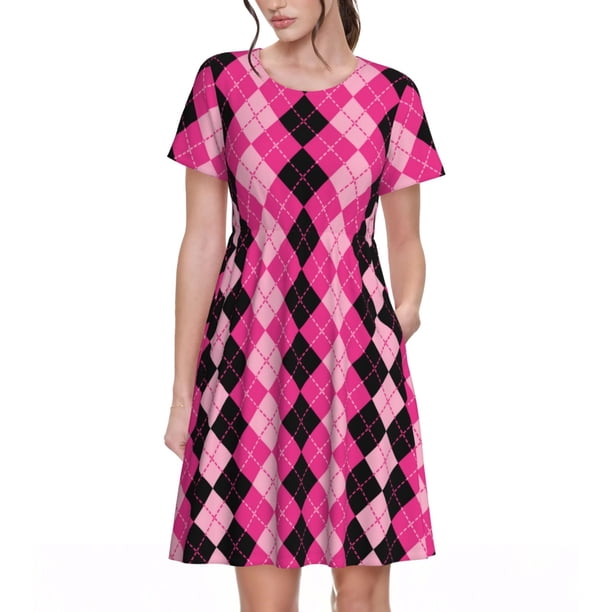 Balery pink and black argyle Vestidos sueltos de manga corta para mujer, vestidos de verano 2025, vestidos casuales de corte A con vuelo.