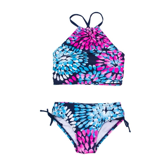 Qmyliery 2Pcs Children Summer Swimwear, Floral Hanging-Neck Backless Tops + Drawstring Briefs Suit for Girls, 3-14 Years, 6 Colors