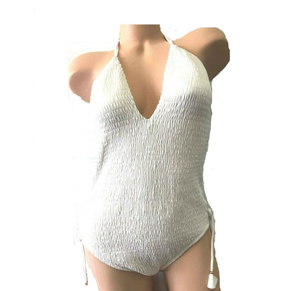 Victoria's Secret Sexy One Piece Swimsuit Smocked Lace Up Coconut White Size Large NWT