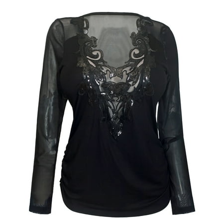 Sequin Yoke - eVogues Plus Size Mesh Yoke Sequin Detail Long Sleeve Top Black