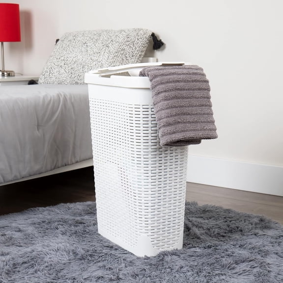 Slim Laundry Hamper with Lid, 40L Clothes Basket, Narrow Tapered Design with Ventilated Cutout Pattern, Plastic, White