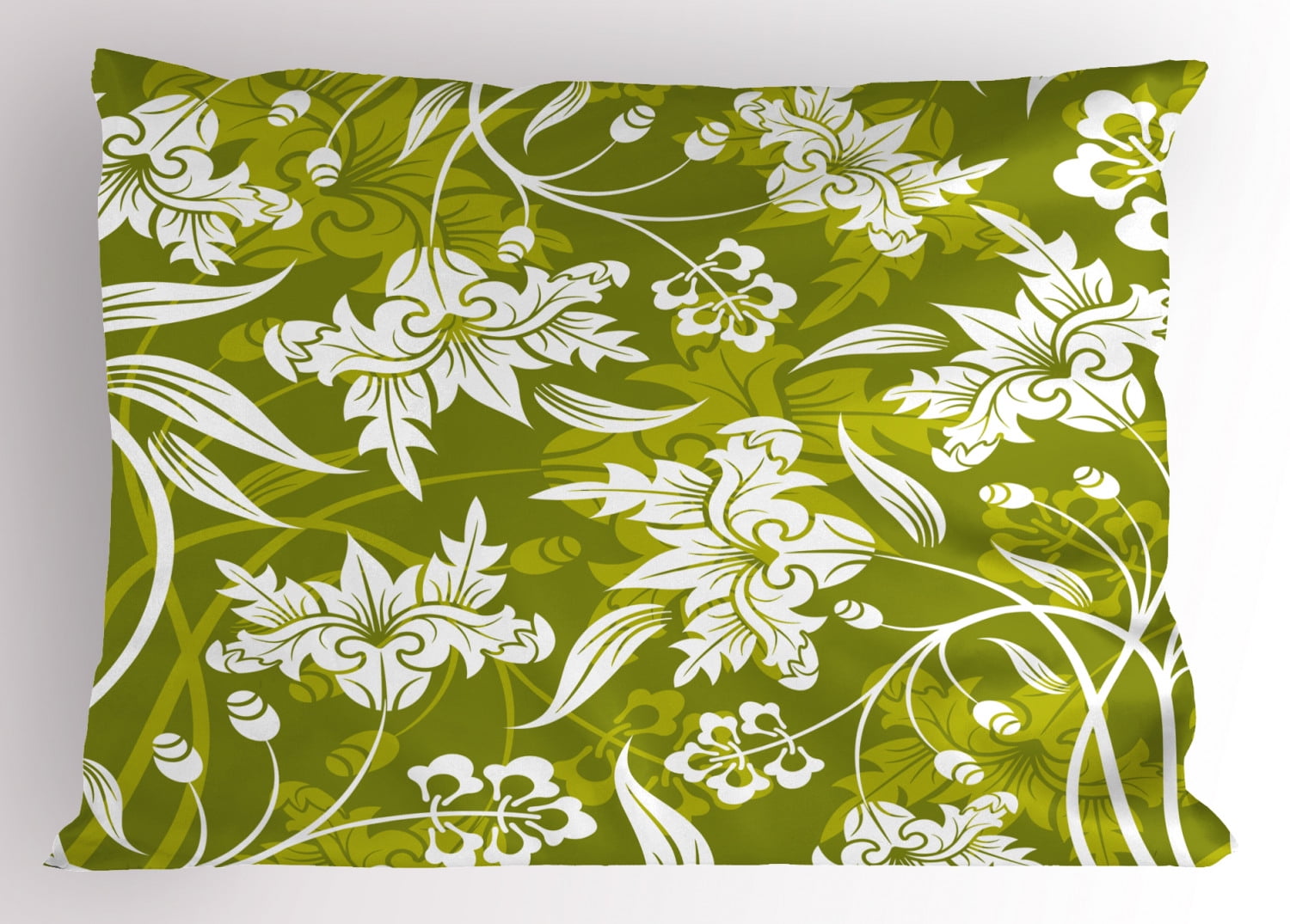 Floral Pillow Sham Flourishing Flower Pattern On Green Background Nature Illustration Decorative Standard King Size Printed Pillowcase 36 X 20 Inches Olive And Pale Green White By Ambesonne Walmart Com Walmart Com