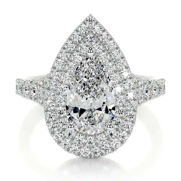 Spot Jewel Exquisite 1.9 Ct Pear Cut Lab-Created Simulated Diamond Double Halo Engagement Ring - 14K White Gold Plated - Elegant Design for Women - Perfect Gift for Special Occasions and Proposals