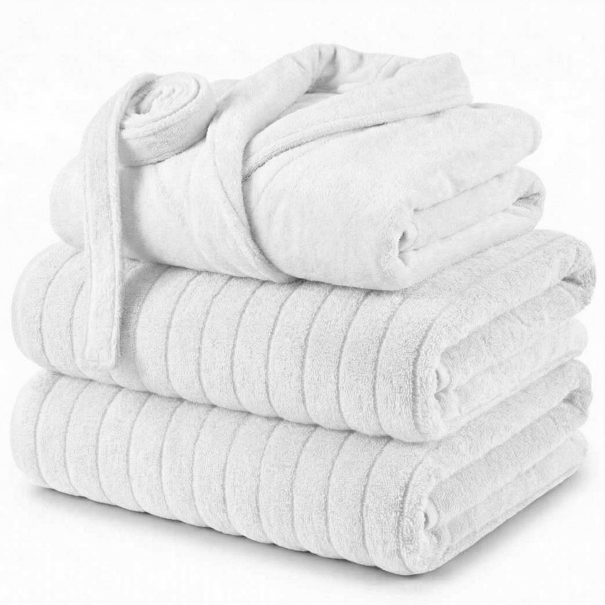 Elegant Comfort Men 3-Piece Spa Bath Set – Plush Bathrobe & 2 Ribbed Bath Towels, Thick Absorbent Hotel Quality Bathroom Essentials, White Bath Towel, White Robe ,X-Large