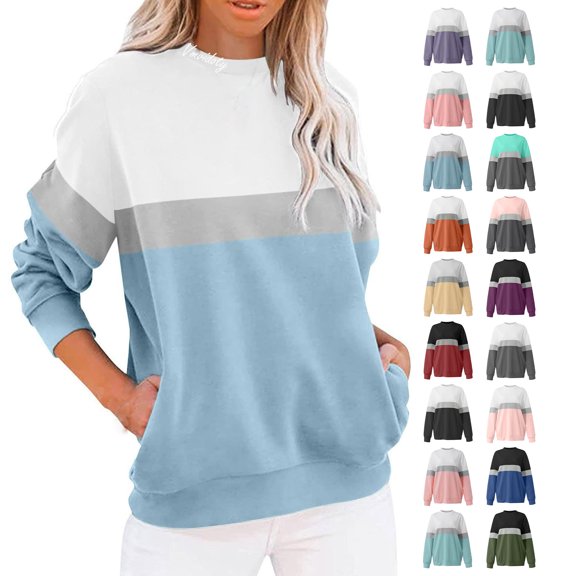 Vmvidoty Women Sweatshirts Colorblock Crew Neck Long Sleeve 2026 Fall Trendy Clothes Sweat Shirts Winter Tops Blue M