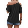 thumbnail image 2 of Women'S Off the Shoulder Top Short Sleeve Cutout Asymmetrical Neck T Shirt Black L, 2 of 3