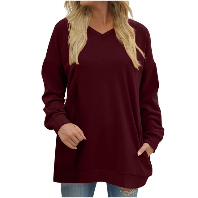 Yuyuzo Womens Sweatshirts Tops V Neck Long Sleeve Straight Line Pullover Fall Casual Sweatshirt Solid Color