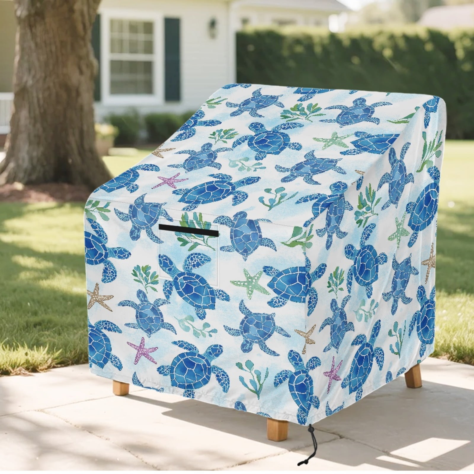 Renewold Outdoor Patio Chair Covers Dust Proof Water Resistant Swivel Lounge Chair Covers for 4-6 Stackable Dining Chairs Fits up to 29"W x 33"D x 36"H, Sea Turtle Starfish Blue