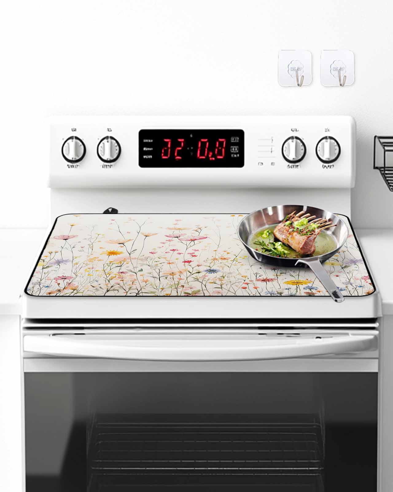 Stove Top Covers for Electric Stove, Spring Flowers Glass Stovetop Cover Protector, Watercolor Wildflowers Farmhouse Floral Induction Cooktop Protector Oven Mat for Kitchen Countertop 24"x21"