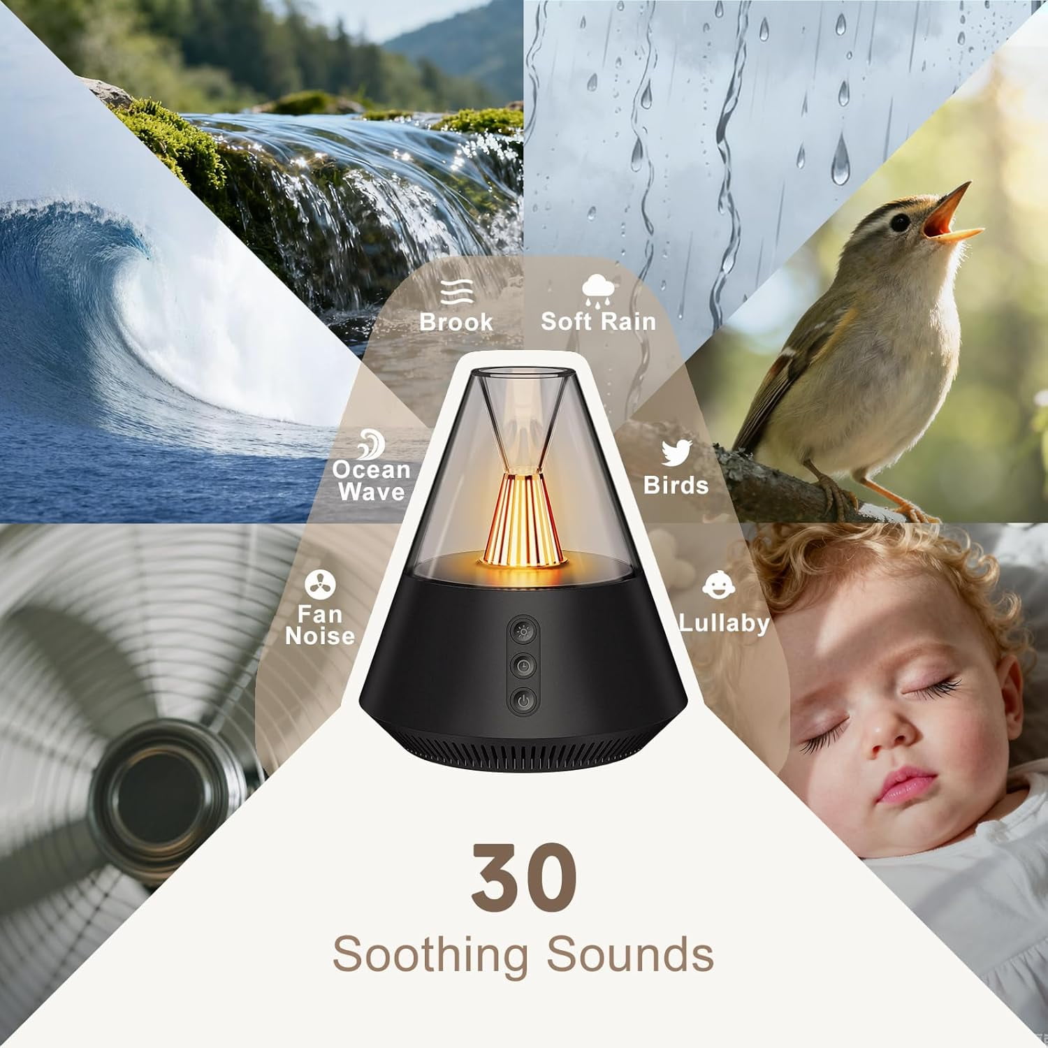 Kipcush 30 Non-Looping White & Pink Noise, Adjustable Night Light Sound Machine w/ Memory Recall for Baby and Adult Black