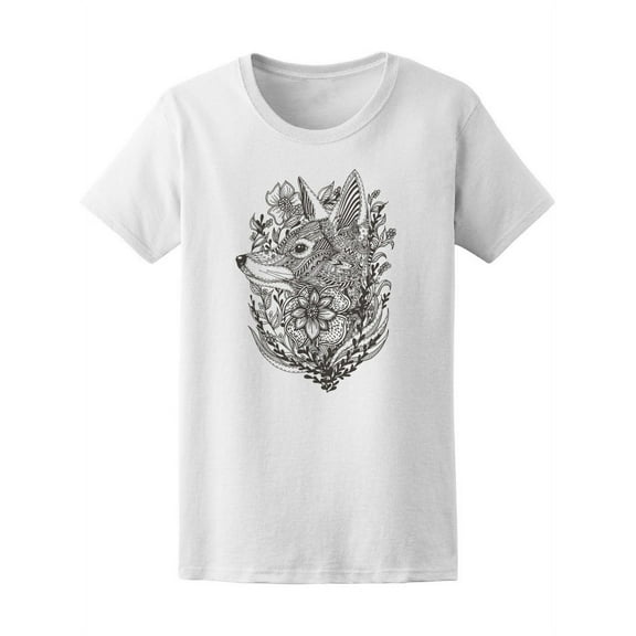 Floral Zen Doodle Fox In Flowers T-Shirt Women -Image by Shutterstock, Female Medium
