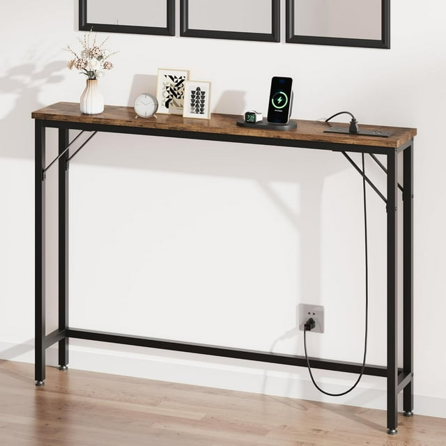 IdeaHouse Console Table, 39.3" Entrance Table with Power Station, Behind Couch Table with Power Outlets USB Ports Thin Entry Table for Entryway, Living Room, Hallway, Retro