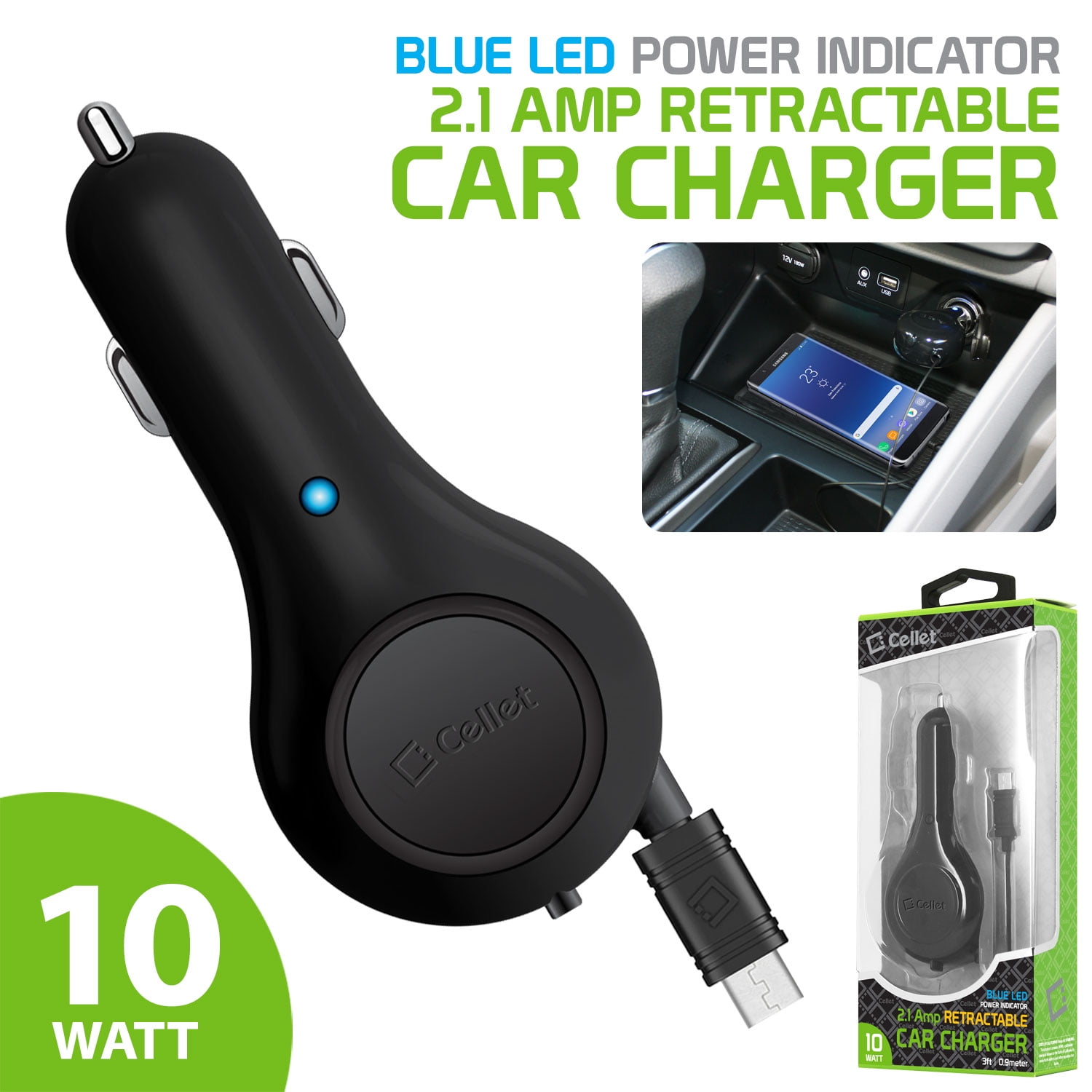 Cellet Compact 10 Watt / 2.1 Amp High Powered Micro USB Retractable