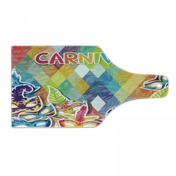Mardi Gras Cutting Board, Vibrant Joyful Celebration Composition Abstract Pattern Feathers Carnival, Decorative Tempered Glass Cutting and Serving Board, Wine Bottle Shape, Multicolor, by Ambesonne