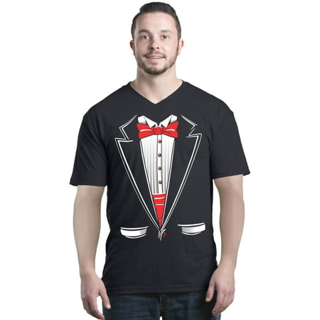 Shop4Ever Men's Classic Red Bow Tie Tuxedo Suit Party Costume V-Neck T-Shirt (Best Shirt Tie Combo For Black Suit)