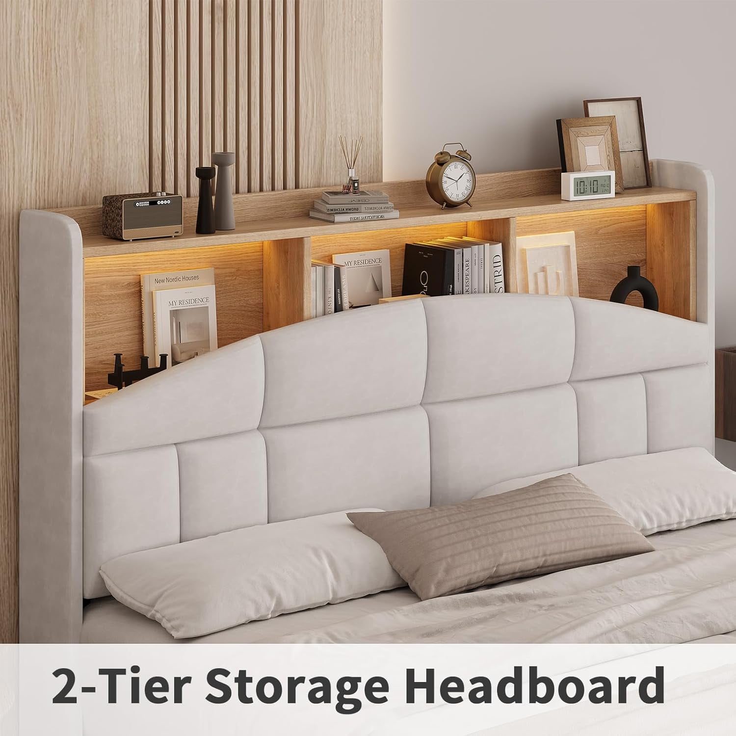 4 EVER WINNER Queen Bed Frame with Storage Headboard, Velvet Upholstered Platform Bed Frame with LED Light, White