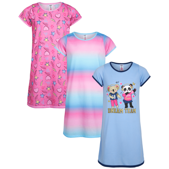 Sleep & Co Girls' Pajamas - 3 Piece Short Sleeve Sleep Shirt Nightgown (Little Girl/Big Girl)