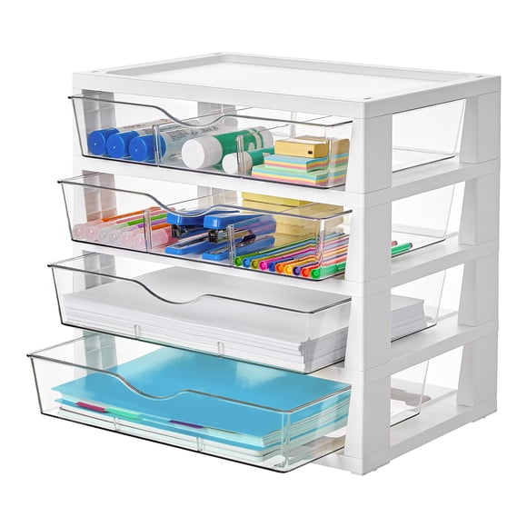 Vtopmart Organiseur de Bureau Transparent, Organiseur de Dossiers de Bureau à 4 Niveaux à Assembler avec Tiroirs, Organisation de Bureau pour Fournitures de Bureau