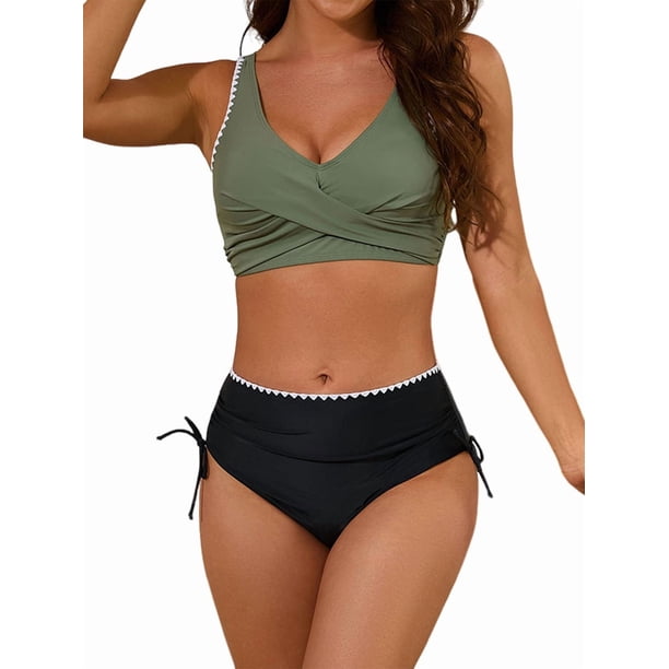Conjuntos de Bikini para Mujer, Traje de Baño de Dos Piezas con Escote en V y Cintura Alta, con Costuras de Concha. Verde S