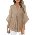 thumbnail image 7 of Htigea Womens Ruffled 3/4 Sleeve Sparkly Tops Mesh V-Neck Flowy Shirts Dressy Tunic Blouse for Party Evening Beige S, 7 of 7
