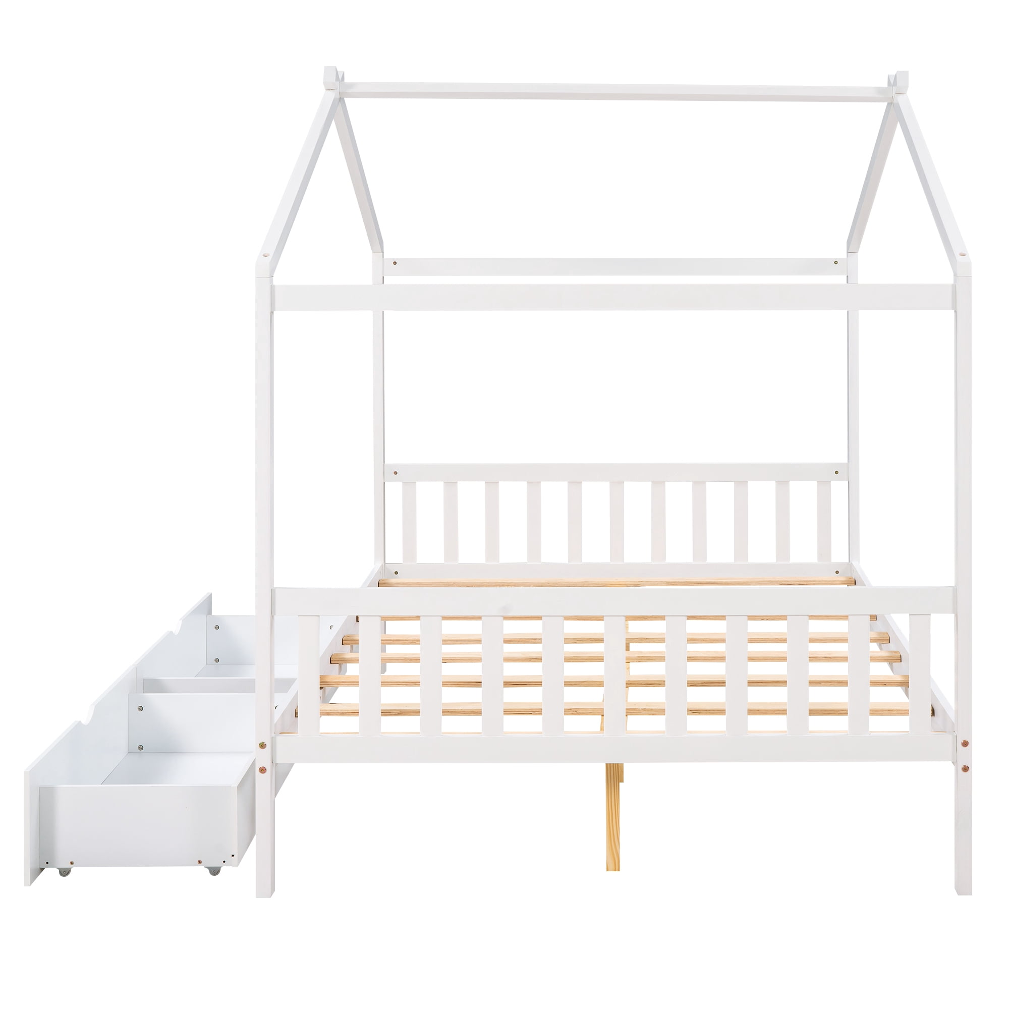 Bellemave Full Size House Bed with Roof,Full Low Platform Bed Frame with 2 Drawers,Solid Wood Storage Bed,Can be Decorated(White,Full)